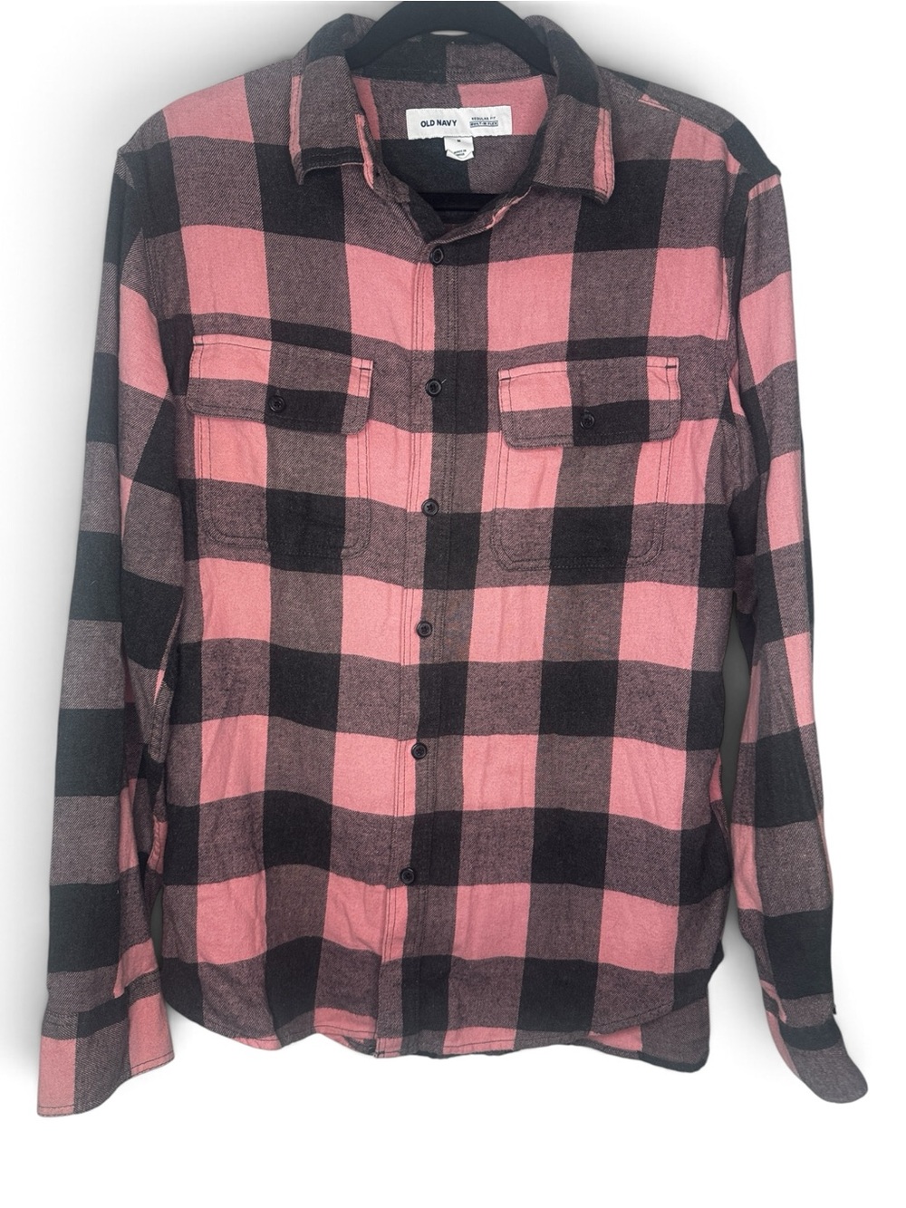 Old Navy Flannel Shirt Mens M Pink Black Buffalo Plaid Regular Fit Built-In Flex